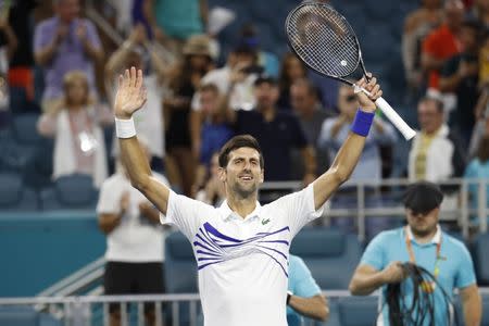 Mar 24, 2019; Miami Gardens, FL, USA; Novak Djokovic of Serbia celebrates after his match against Federico Delbonis of Argentina (not pictured) in the third round of the Miami Open at Miami Open Tennis Complex. Mandatory Credit: Geoff Burke-USA TODAY Sports