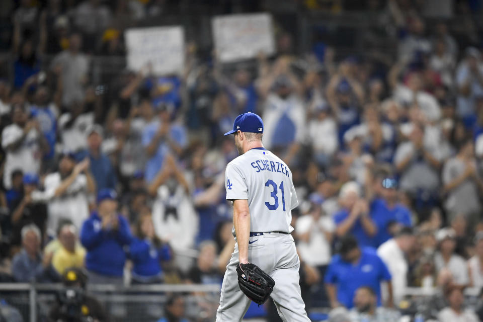 SAN DIEGO, CA - AUGUST 26: Fans cheer as Max Scherzer #31 of the Los Angeles Dodgers leaves the game in  the eighth inning of a baseball game against the San Diego Padres at Petco Park on August 26, 2021 in San Diego, California.  (Photo by Denis Poroy/Getty Images)