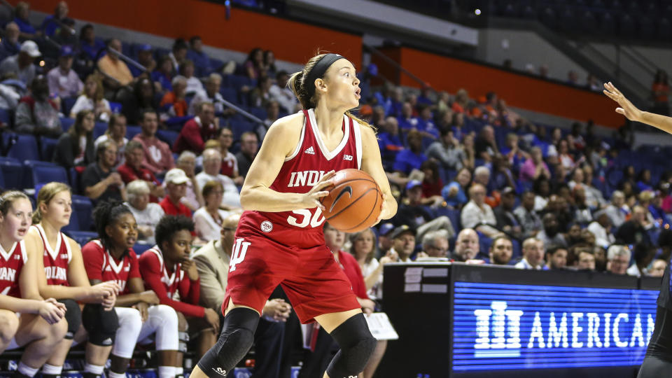 Indiana forward Brenna Wise (50) during the second half of an NCAA women's basketball game against Florida on Friday, Nov. 22, 2019 in Gainesville, Fla. (AP Photo/Gary McCullough)