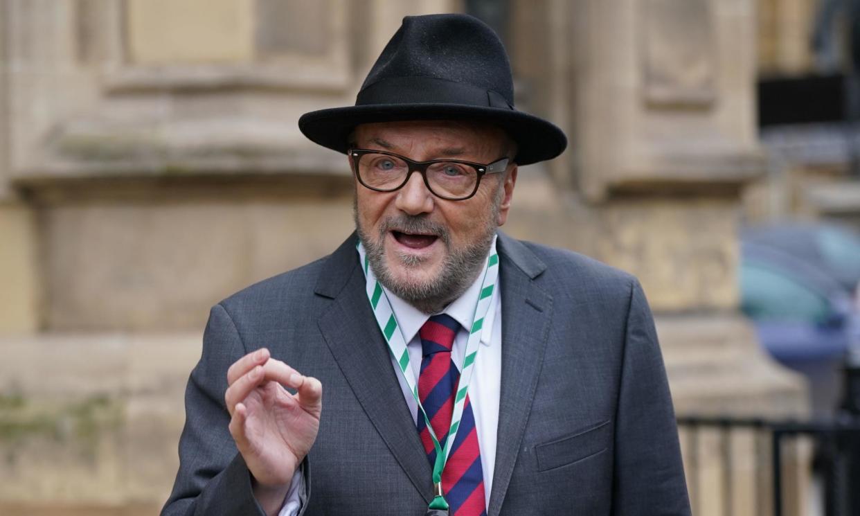 <span>George Galloway speak to the media outside parliament after being sworn in as MP for Rochdale on 4 March.</span><span>Photograph: Yui Mok/PA</span>