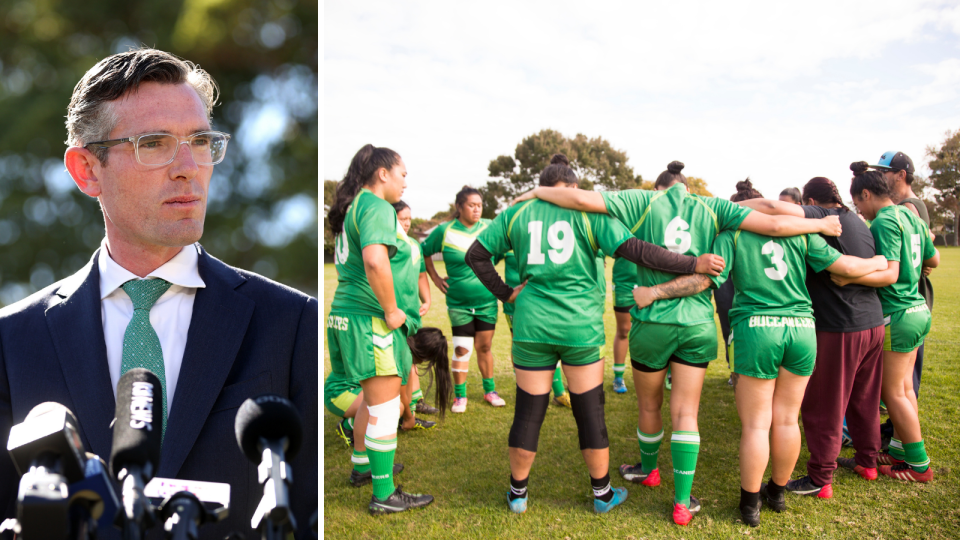 NSW Premier Dominic Perrottet and teammates talk together in a huddle wearing matching uniforms,