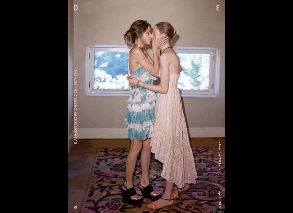 Urban Outfitters <a href="http://www.huffingtonpost.com/2012/04/17/urban-outfitters-lesbian-kiss-photo-one-million-moms_n_1431134.html" target="_hplink">received heat</a> from anti-gay groups for this photo in their April 2012 catalogue depicting two female models kissing.     A group known as One Million Moms wrote on their website: "On page two of this catalog is a picture of two women kissing in a face holding embrace!...The content is offensive and inappropriate for a teen who is the company's target customer."      (<a href="http://www.huffingtonpost.com/2012/04/17/urban-outfitters-lesbian-kiss-photo-one-million-moms_n_1431134.html" target="_hplink">Urban Outfitters</a>)