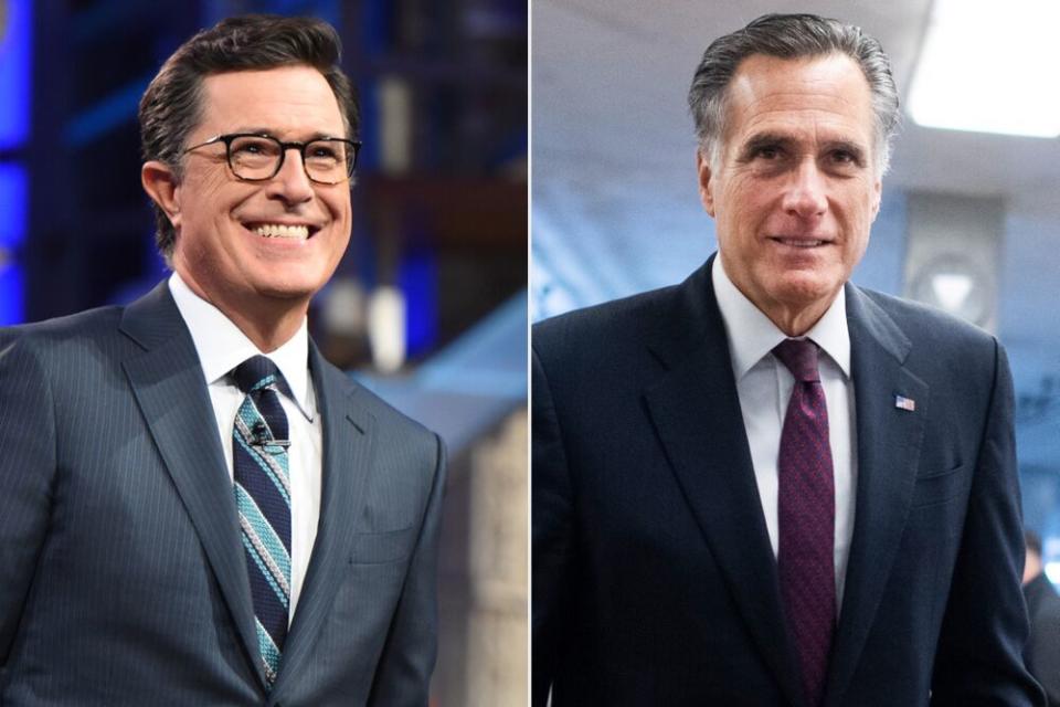 Stephen Colbert (left) and Sen. Mitt Romney | Timothy Kuratek/CBS; Tom Williams/CQ-Roll Call, Inc via Getty