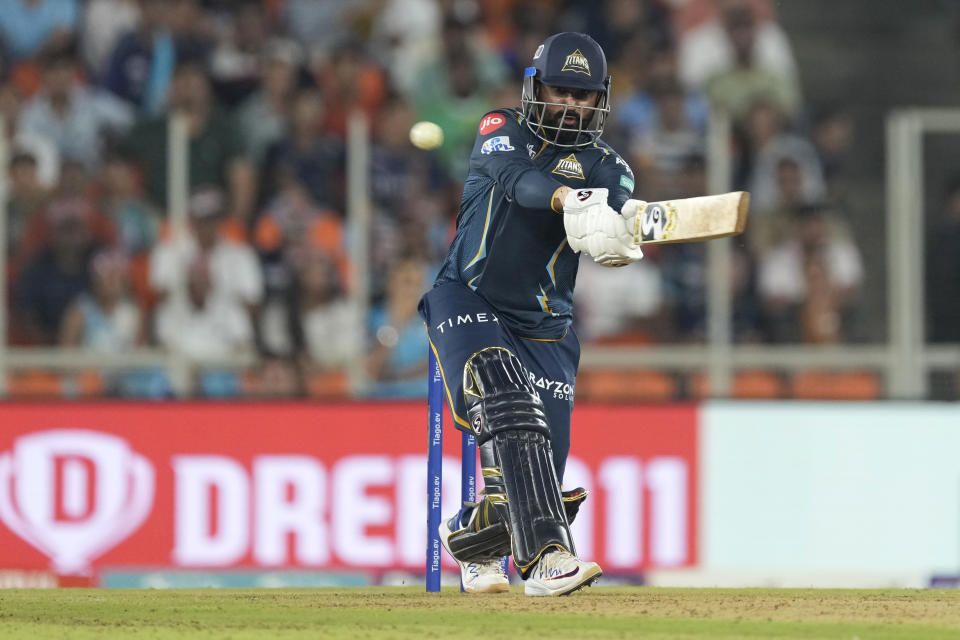 Gujarat Titans' Rahul Tewatia plays a shot during the Indian Premier League cricket match between Gujarat Titans and Delhi Capitals in Ahmedabad, India, Tuesday, May 2, 2023. (AP Photo/Ajit Solanki)