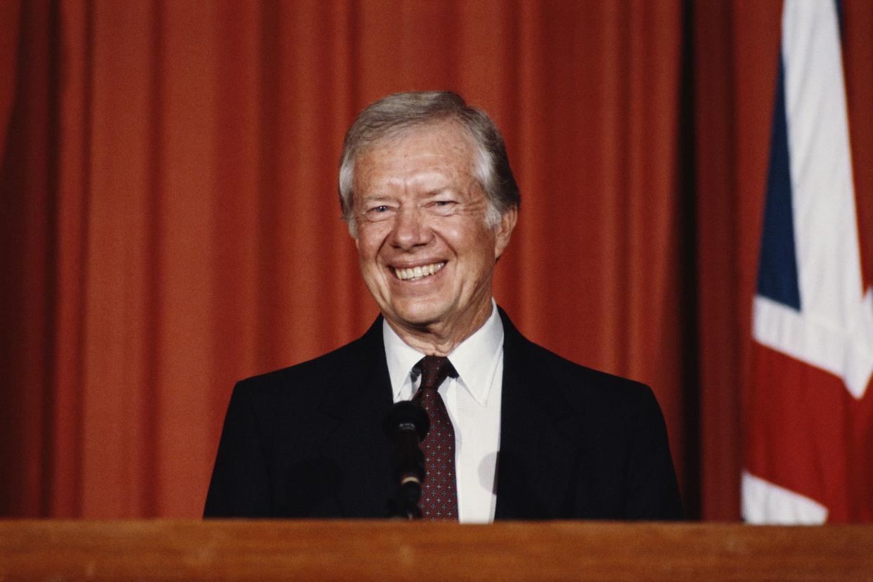 Former President Jimmy Carter holds a press conference on Jan. 27, 1986, at the U.S. Embassy in London.