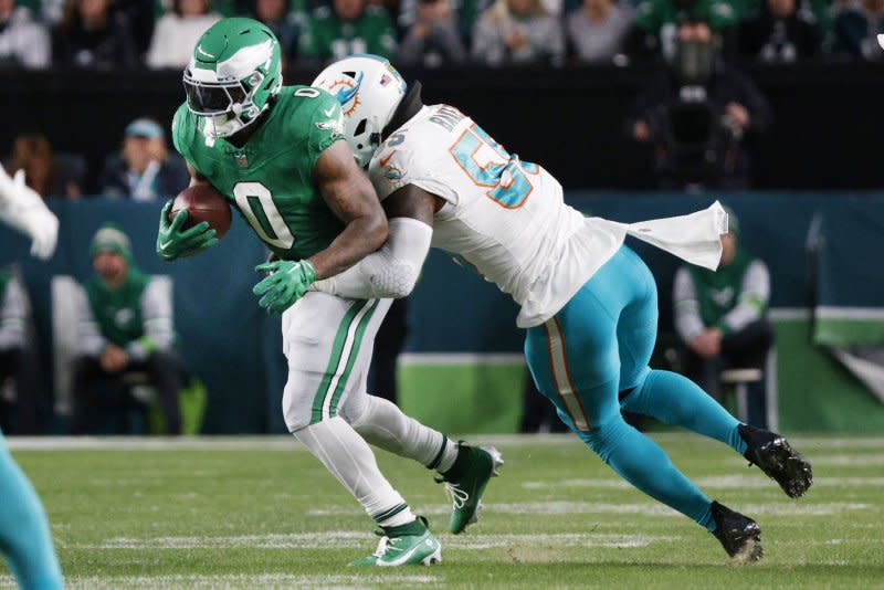 Philadelphia Eagles running back D'Andre Swift provided subpar fantasy football production over the last four weeks. File Photo by Laurence Kesterson/UPI