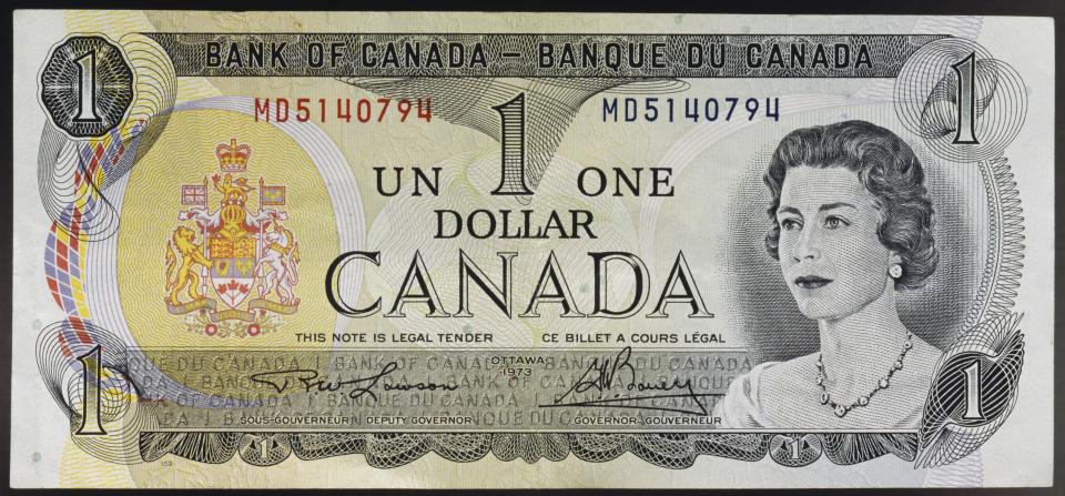 CANADA - JUNE 15: 1 dollar banknote, 1973, obverse, queen Elizabeth II (1926-). Canada, 20th century. (Photo by DeAgostini/Getty Images)