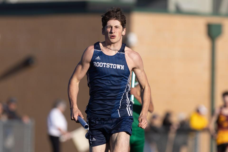 Rootstown’s Damien Reuting runs the boys 4x100 meter relay at the Portage Trail Conference Track & Field Championships Friday, May 10, 2024 in Mogadore.