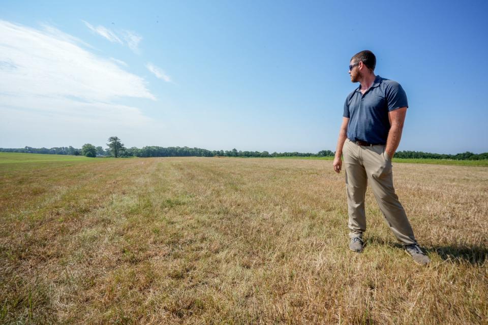 “We’re in this little pocket where the rain goes around us," said Milan Adams, standing in a parched field on his family's 700 acres in Exeter in mid-July. His father said this summer's drought is the worst he's seen in 42 years.