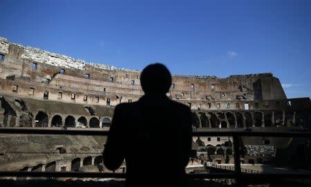 A tourist is silhouetted as he visits Rome's ancient Colosseum January 18, 2013. Italian restorers cleaning the Colosseum have discovered remains of frescoes indicating the interior of one of the world's most famous monuments may have been colourfully painted in Roman times. REUTERS/Tony Gentile (ITALY - Tags: TRAVEL SOCIETY)