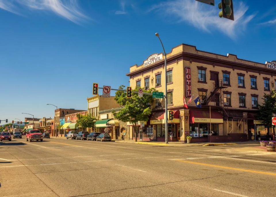 Scenic street view with shops and hotels in Kalispell. 