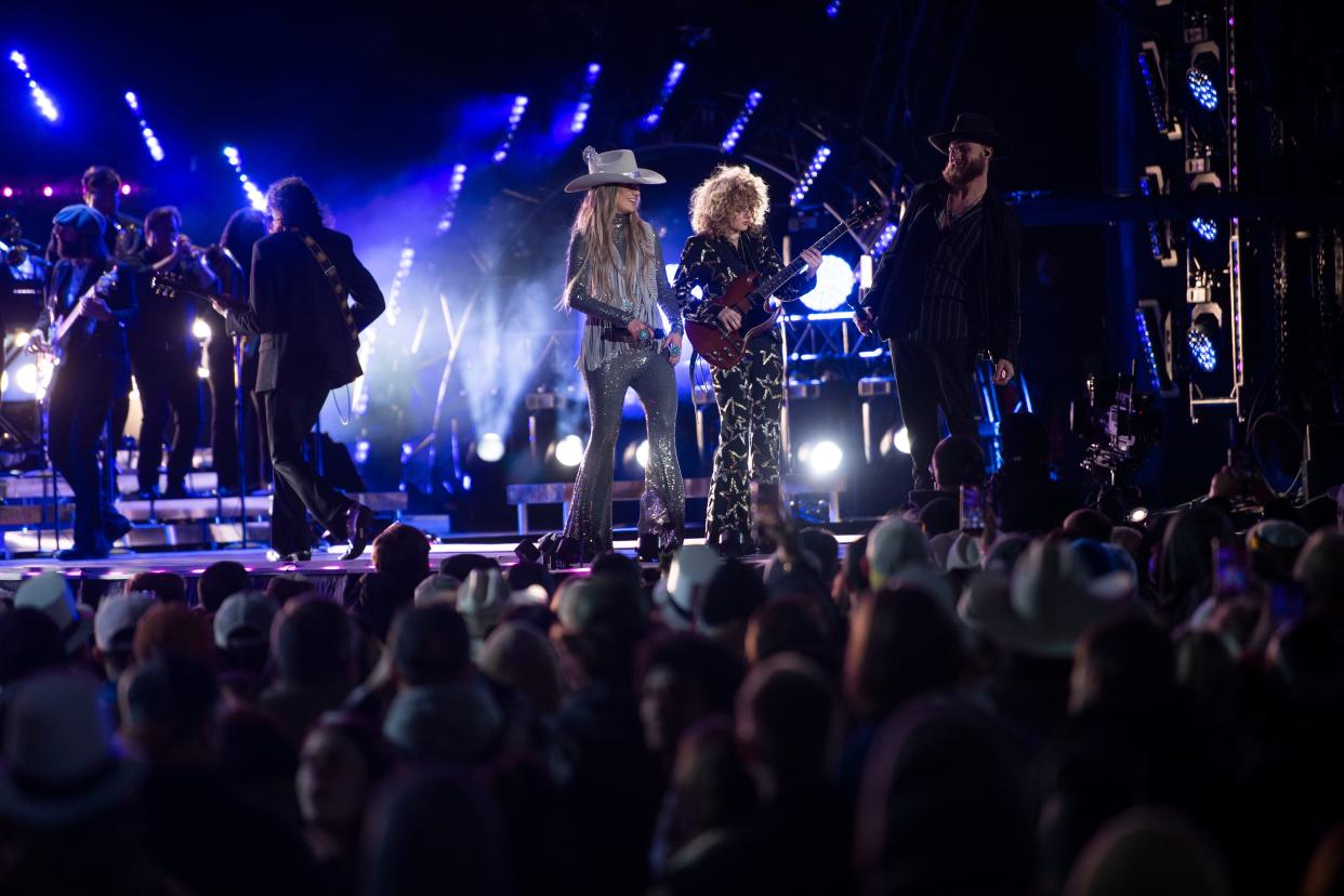 Lainey Wilson, Grace Bowers, and Jackson Dean perform during Nashville’s Big Bash, New Years Eve celebration at Bicentennial Capitol Mall State Park in Nashville , Tenn., Sunday, Dec. 31, 2023.