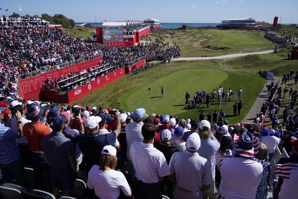 Team Europe's Rory McIlroy hits a drive on the first hole during a four-ball match the Ryder Cup at the Whistling Straits Golf Course Saturday, Sept. 25, 2021, in Sheboygan, Wis. (AP Photo/Ashley Landis)