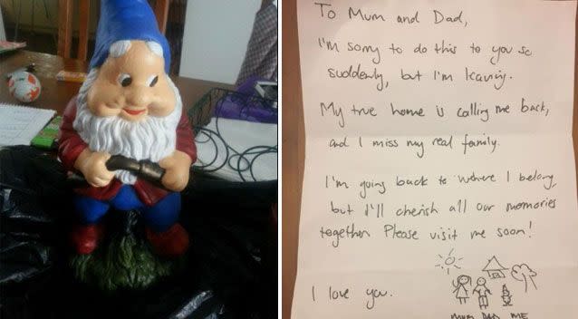 A Melbourne family's garden gnome was stolen and replaced with a letter on Tuesday night. Photo: Supplied