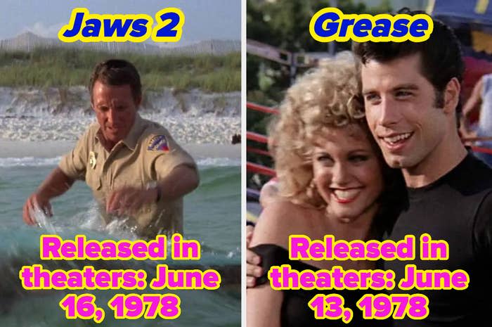 split image, where on the left, it reads "Jaws 2, released in theaters on June 16, 1978" and on the right, "Grease, released in theaters on June 13, 1978"