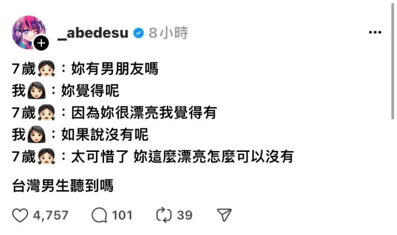 ▲阿部瑪利亞在社群上分享與7歲小妹妹的對話，意外引發話題。（圖／Threads _abedesu）