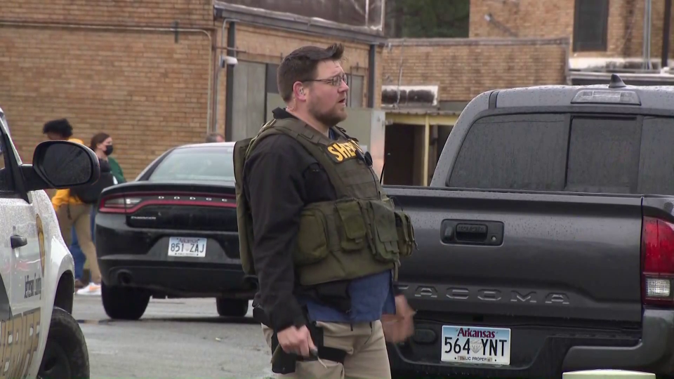 Police at the scene of a shooting at Watson Chapel Junior High School in Pine Bluff, Arkansas, on Monday, March 1, 2021. / Credit: CBS affiliate KTHV