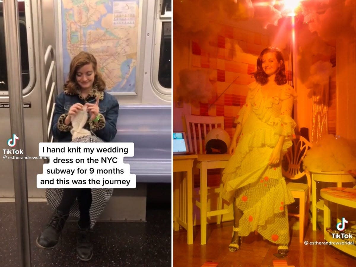 A side by side of a woman knitting on the subway and the same women standing in a wedding dress.