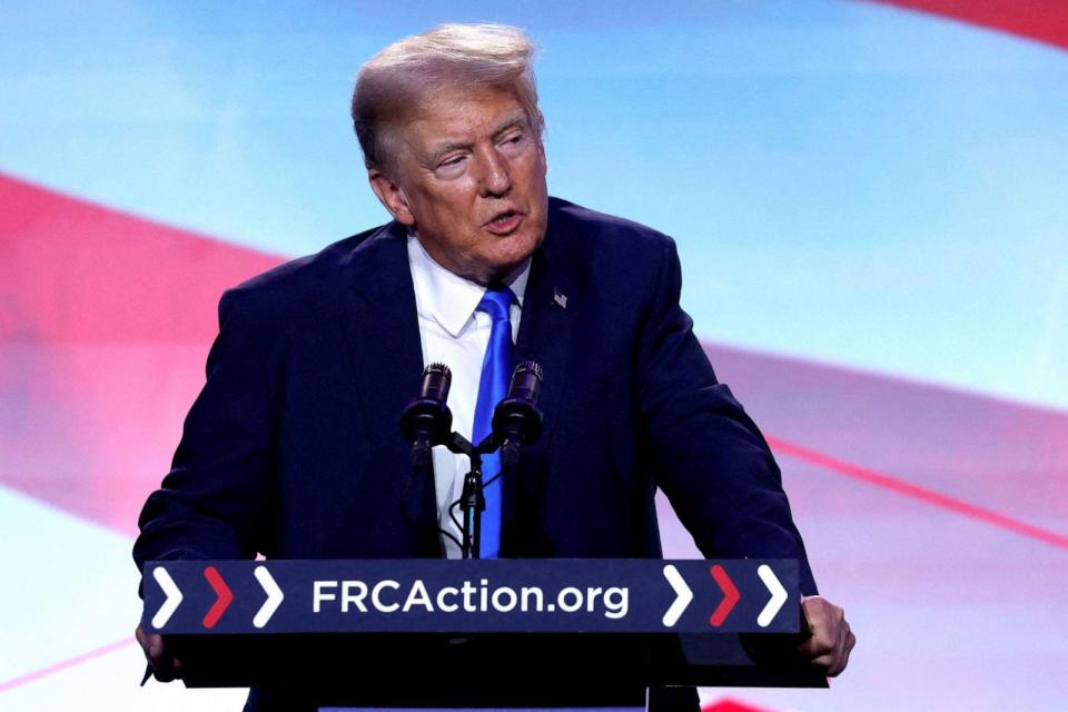 PHOTO: Former President and Republican presidential candidate Donald Trump addresses the Pray Vote Stand Summit, organized by the Family Research Council in Washington, D.C.. Sept. 15, 2023. (Jonathan Ernst/Reuters, FILE)