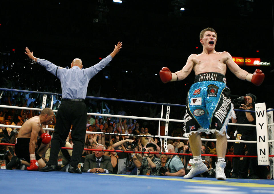 FILE - Ricky Hatton right, of Manchester, England, celebrates a fourth-round knockout over Jose Luis Castillo, left, during their IBO junior welterweight championship boxing match at the Thomas and Mack Center in Las Vegas, Saturday, June 23, 2007. Hatton was elected Thursday, Dec. 7, 2023 to the International Boxing Hall of Fame. (AP Photo/Eric Jamison, File)