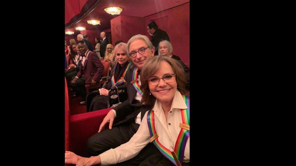 Michael Tilson Thomas (center) celebrates with fellow Kennedy Center honorees Linda Ronstadt (left) and Sally Field (right) at the awards gala in Washington on Dec. 8, 2019.