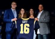 Apr 29, 2016; Los Angeles, CA, USA; Los Angeles Rams quarterback Jared Goff ((left) poses with sister Lauren Goff (second from right), mother Nancy Goff (third from right) and father Jerry Goff at press conference at Courtyard L.A. Live to introduce Goff as the No. 1 pick in the 2016 NFL Draft. Mandatory Credit: Kirby Lee-USA TODAY Sports