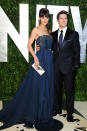 Katie Holmes wore a deep blue dress by designer Elie Saab to the Vanity Fair Oscar party.
