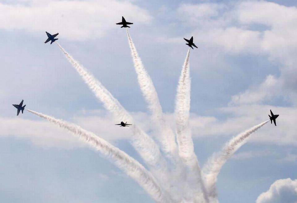 The US Navy Blue Angels perform the final stunt of their performance at the NAS Fort Worth JRB on April 24, 2016.
