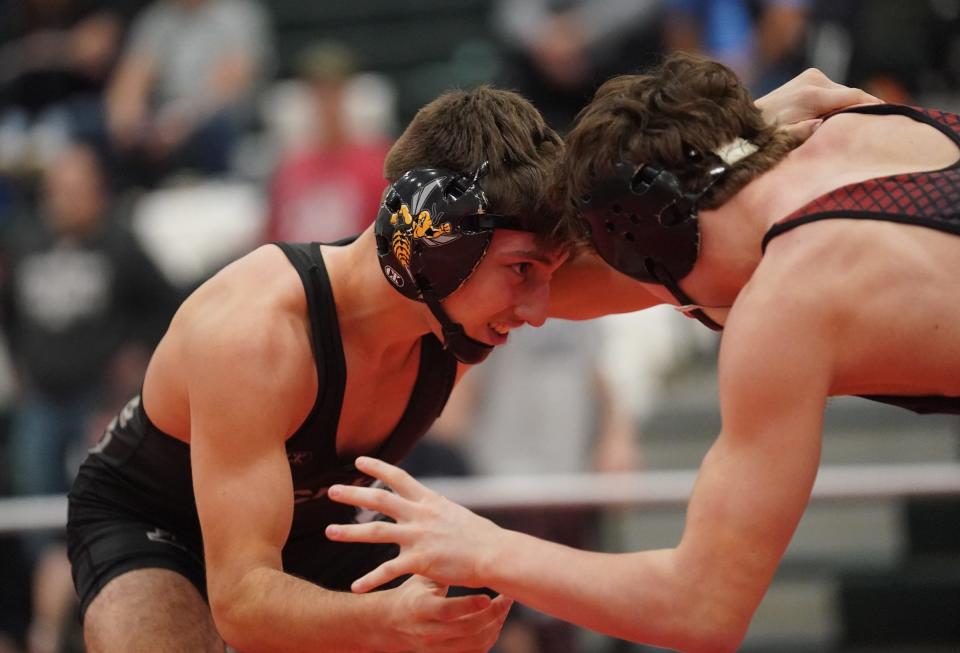 Hackley's Cole Joseph wrestles in the 138-pound match in the round of 16 at the 2023 Eastern States Classic wrestling tournament at SUNY Sullivan in Loch Sheldrake on Friday, January 13, 2023.