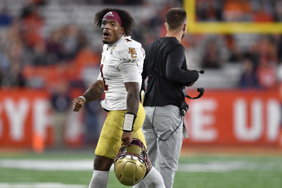 Boston College quarterback Thomas Castellanos (1) reacts during the second half of the team's NCAA college football game against Syracuse in Syracuse, N.Y., Friday, Nov. 3, 2023. (AP Photo/Adrian Kraus)