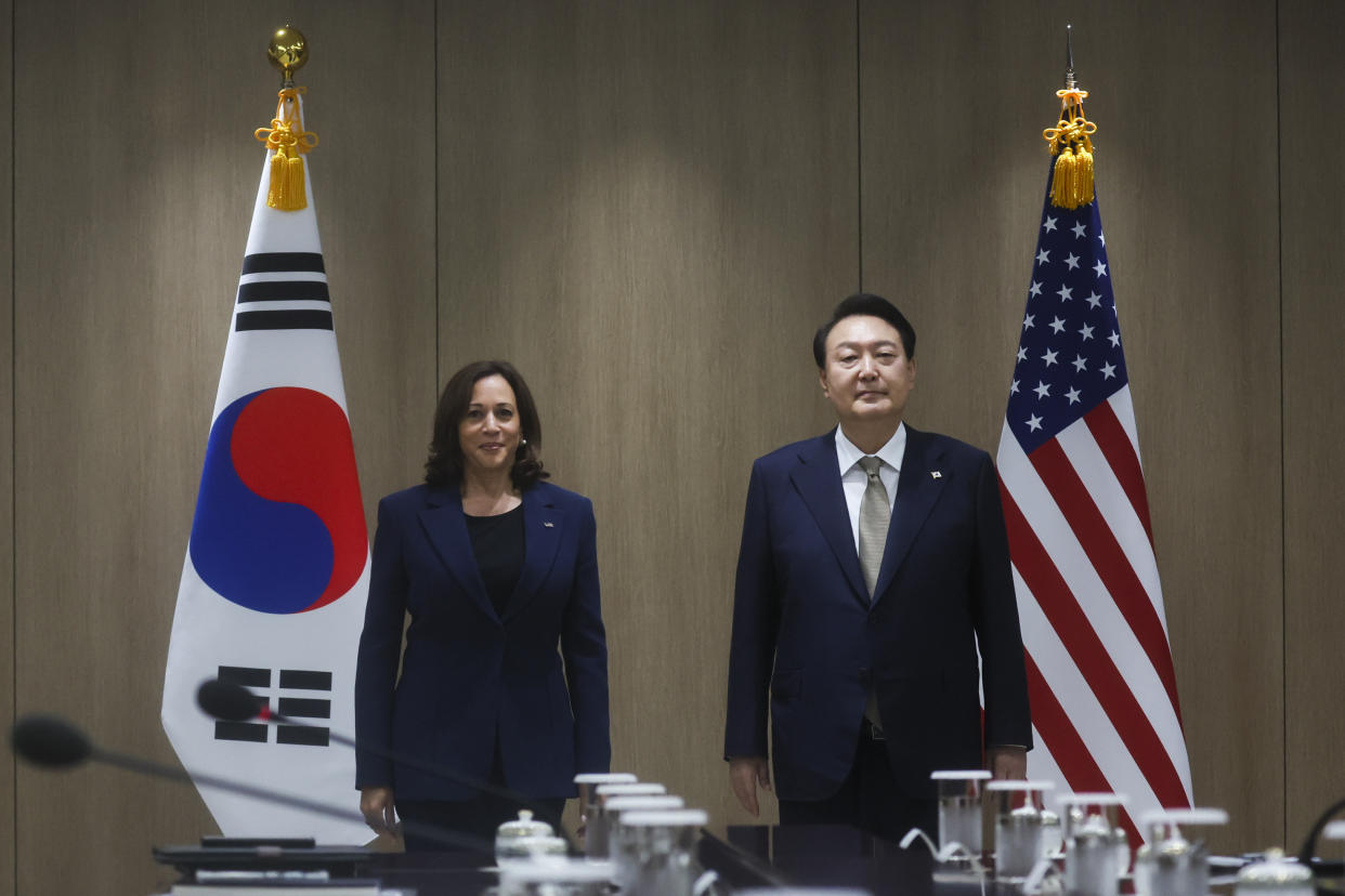 U.S. Vice President Kamala Harris, left, and South Korea's President Yoon Suk Yeol pose for a photo at a bilateral meeting in Seoul Thursday, Sept. 29, 2022. (Leah Millis/Pool Photo via AP)