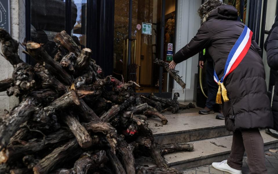 Winemakers stand in front of vine stocks they piled outside the Conseil Interprofessionnel du Vin de Bordeaux - Moritz Thibaud/ABACA/Shutterstock