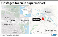 <p>Map of southern France locating Trèbes, where a man who claims allegiance to the Islamic State group has taken hostages in a supermarket. (Photo: Vincent Lefai/AFP) </p>