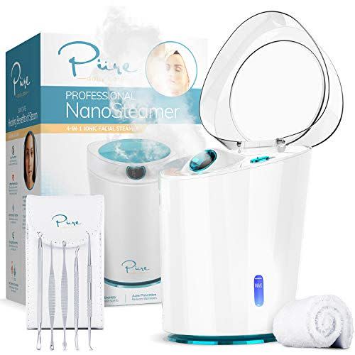 4) NanoSteamer PRO Professional 4-in-1 Nano Ionic Facial Steamer for Spas - 30 Min Steam Time - Humidifier - Unclogs Pores - Blackheads - Spa Quality - 5 Piece Stainless Steel Skin Kit Included