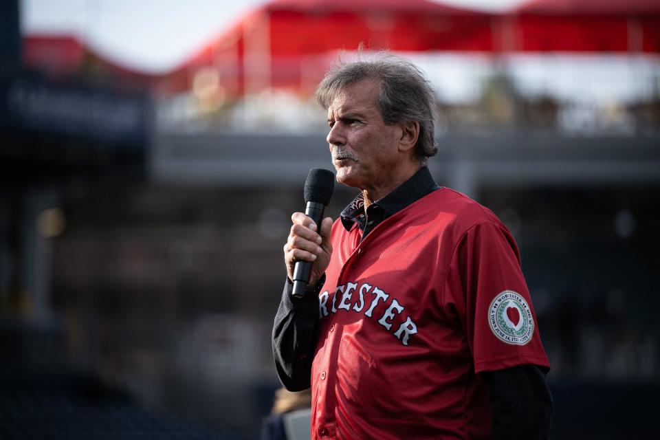 Hall of Famer and Red Sox great Dennis Eckersley addresses the crowd at Polar Park.