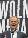 Donald Tusk, the leader of the Polish opposition party Civic Platform, speaks to a crowd of protesters in defense of media freedom in Warsaw, Poland, on Tuesday, Aug. 10, 2021. Poles demonstrated nationwide Tuesday against a bill widely viewed as a effort by the country's nationalist ruling party to silence an independent, U.S.-owned television broadcaster that is critical of the government.(AP Photo/Czarek Sokolowski)