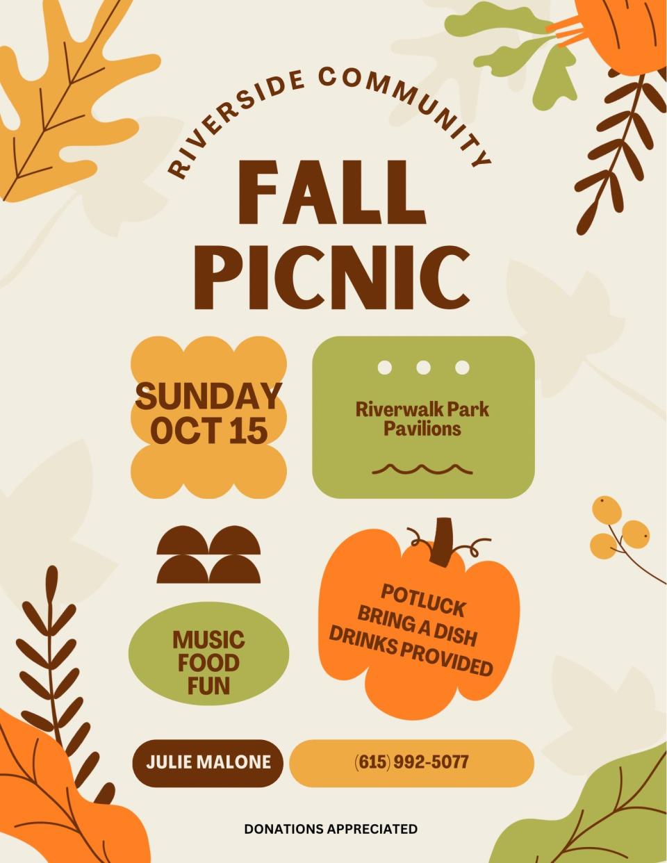 Visit Riverwalk Park this Sunday for the Riverside Community Fall Picnic from 12:30-4 p.m. As a potluck-style picnic, guests are asked to bring a dish to share.