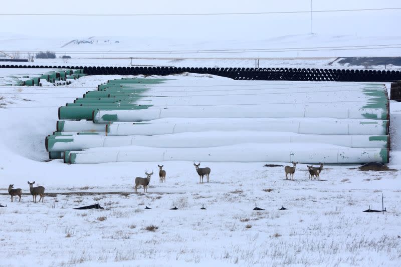 FILE PHOTO: A depot used to store pipes for TC Energy Corp's planned Keystone XL oil pipeline is seen in Gascoyne