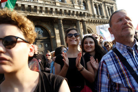 People attend a demonstration against Prime Minister Viktor Orban's efforts to force a George Soros-founded university out of the country in Budapest, Hungary, April 2, 2017. REUTERS/Bernadett Szabo