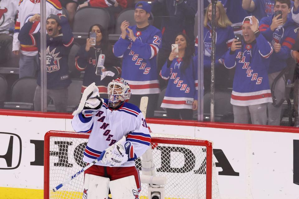 Apr 20, 2023; Newark, New Jersey, USA; New York Rangers goaltender Igor Shesterkin (31) celebrates the New York Rangers win over the New Jersey Devils  in game two of the first round of the 2023 Stanley Cup Playoffs at Prudential Center. Mandatory Credit: Ed Mulholland-USA TODAY Sports