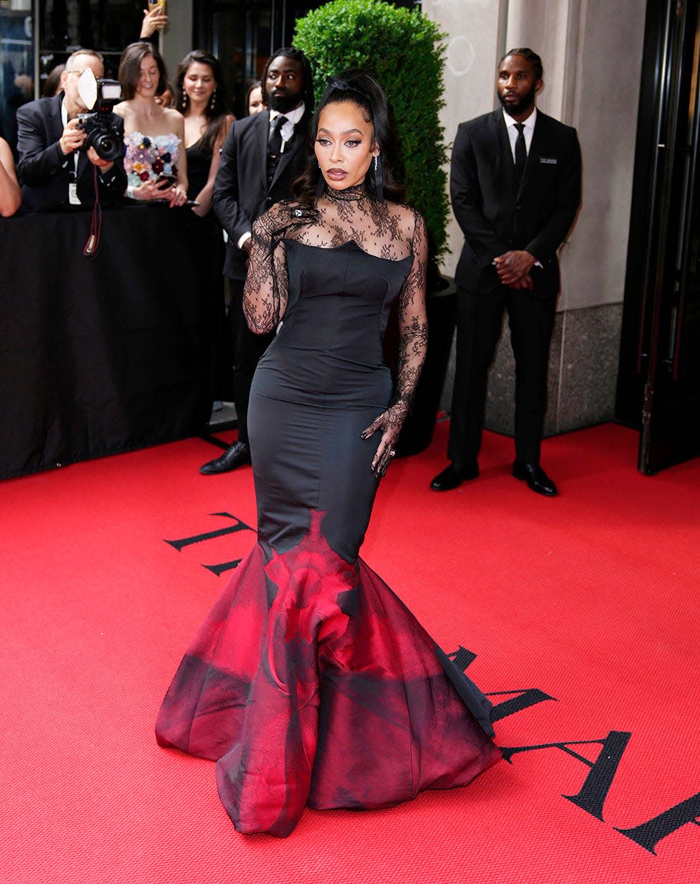 La La Anthony leaves The Mark Hotel for the Met Gala, the annual fundraising gala held for the benefit of the Metropolitan Museum of Art in New York. This year's theme for the gala was 'The Garden of Time.'.