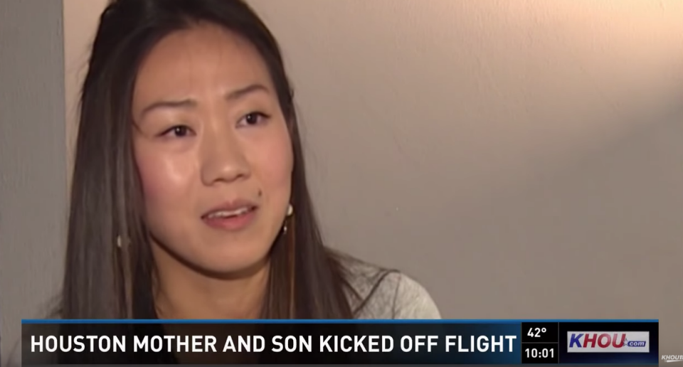 Mei claims she was kicked off a flight due to her crying and distressed son. Photo: Youtube/KHOU 11