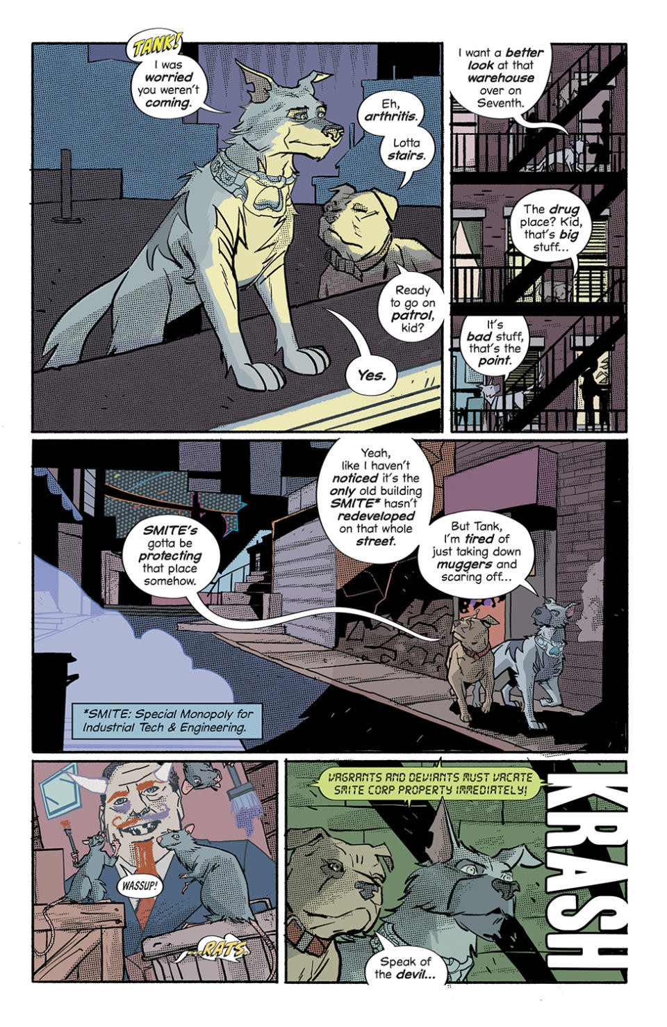 Scrapper interior pages: dogs walk through the city, talking.