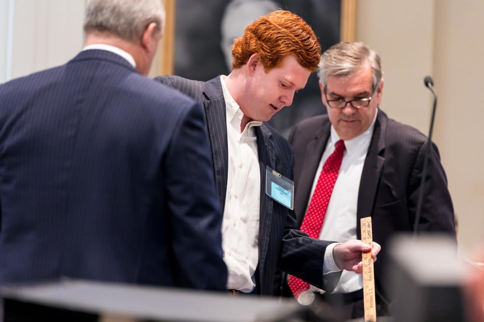 Buster Murdaugh, the son of Alex Murdaugh, testifies as prosecutor John Meadors looks on during day 21 of the double murder trial of Alex Murdaugh at the Colleton County Courthouse on Tuesday, February 21, 2023. Jeff Blake/The State/Pool