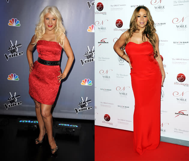 <b>Red Moment</b>: Christina Aguilera kept it pretty safe when it came to wardrobe choices during her first season of <i>The Voice</i>. She opted for a simple strapless and belted red dress for a <i>Voice</i> press conference in 2011. But when it comes to style superpowers, red is Mariah Carey's trump card. Carey looked gorgeous in a red number at a London gala in 2011.