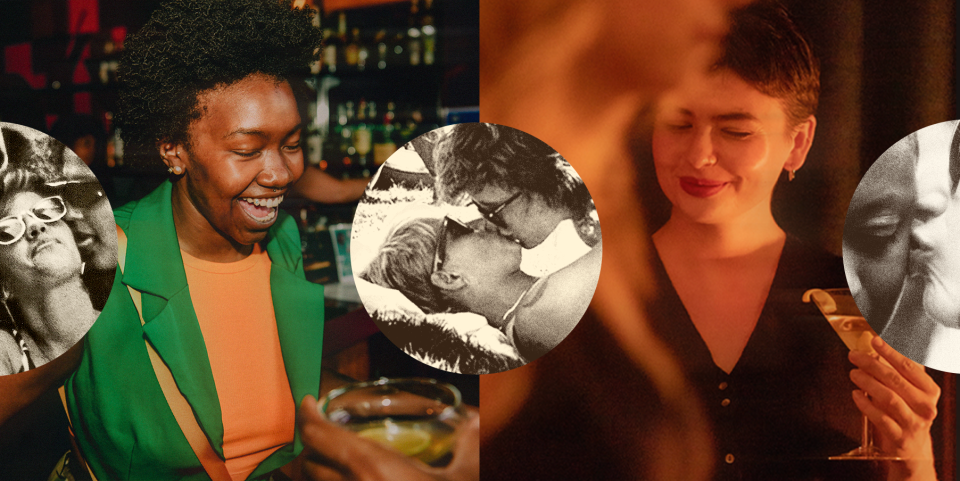 Photo Illustration: Images from Nobody's Darling in Chicago (L) and grotto in Brooklyn, N.Y. (R) as well as archival images of women kissing other women (Justine Goode; NBC News / Getty / Akilah Townsend / Danielle Amy)