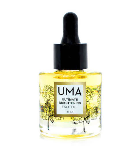 <p><strong>What to Try:</strong> UMA is a magical blend of sandalwood and rose essential oils that delivers rich hydration, minimizes redness, and evens out the tone of your complexion. </p><p><span>Ultimate Brightening Face Oil, $150, <a rel="nofollow noopener" href="https://www.umaoils.com/product/ultimate-brightening-face-oil/" target="_blank" data-ylk="slk:umaoils.com;elm:context_link;itc:0;sec:content-canvas" class="link "><u>umaoils.com</u></a>. <br></span></p>