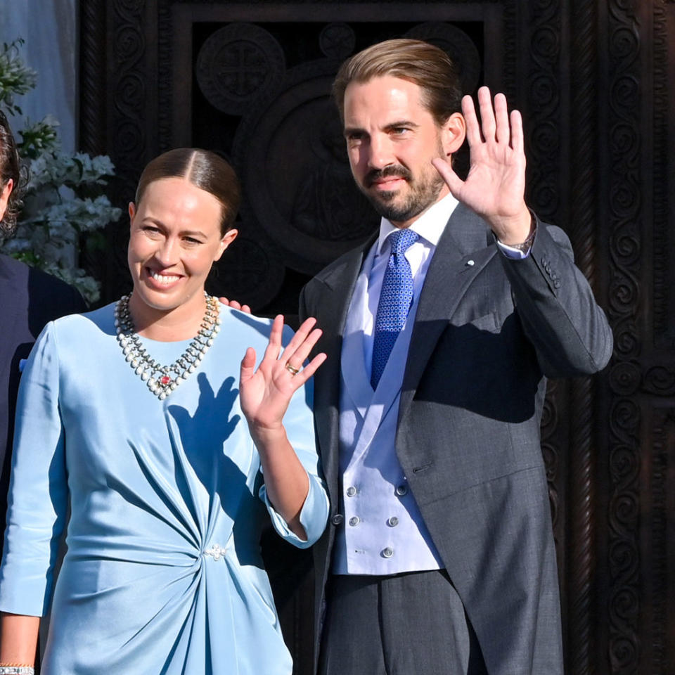 ATHENS, GREECE - SEPTEMBER 28: Philippos, son of former King of Greece Constantine II, and his wife Nina Flohn arrive at  the wedding ceremony of Princess Theodora and Matthew Kumar at the Metropolis Greek Orthodox Cathedral on September 28, 2024 in Athens, Greece. (Photo by Milos Bicanski/Getty Images)