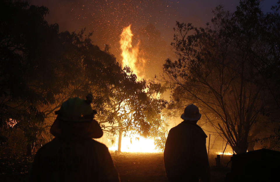 Pictured are firefighters battling a blaze near the Pacific Highway, north of Nabiac in the Mid North Coast region of NSW. Source: AAP