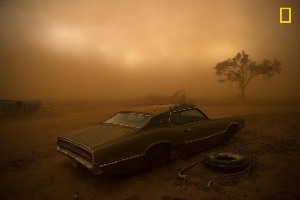 A rusting Ford Thunderbird is blanketed by red dust from a supercell thunderstorm in Ralls, Texas. The dry, plowed fields of the Texas Panhandle made easy prey for the storm, which had winds over 90 miles an hour ripping up the topsoil and depositing it farther south. I was forecasting and positioning a team of videographers and photographers on a storm chase in Tornado Alley -- this was our last day of a very successful chase, having witnessed 16 tornadoes over 10 days. The target area for a storm initiation was just south of Amarillo, Texas. Once the storm became a supercell, it moved southbound with outflow winds that were easily strong enough to tear up the topsoil and send it into the air.